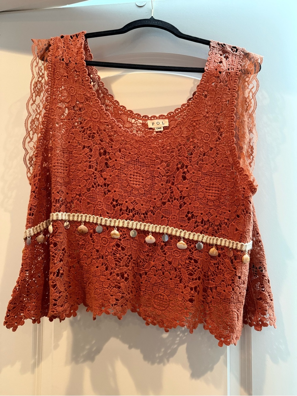 POL Rust Crochet Lace Camisole with Tassel Trim